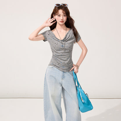 Color-Block Stripe One-Shoulder Off-Shoulder Short Sleeve T-Shirt for Women with Star Print