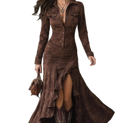 Elegant Zipper Stand Collar Slit Long Dress with Slim Fit