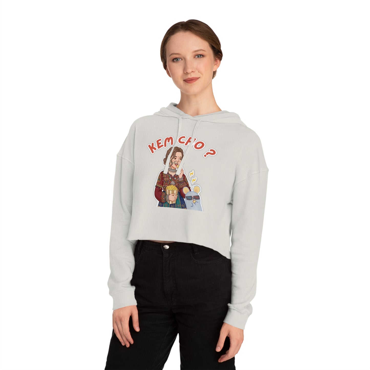 Cropped Hoodie — 'Kem Cho?' Gujarati Girl Illustration, Fun Ethnic Indian Style