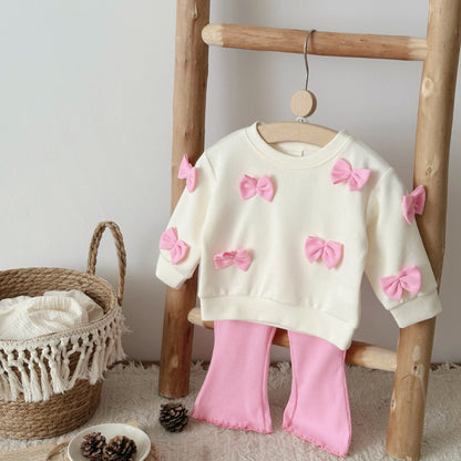 Bow decoration hoodie+high waisted elastic flared pants set