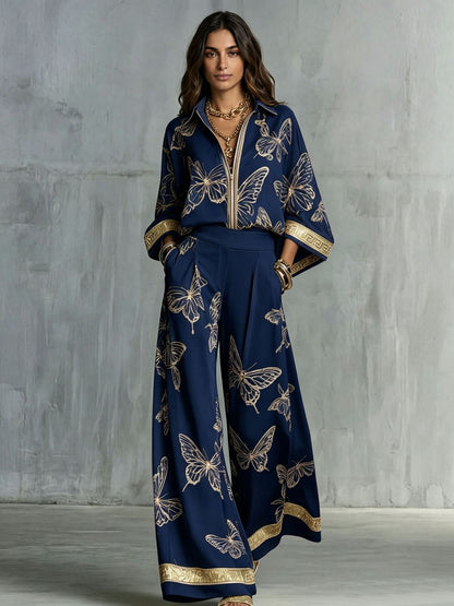 Style Women's Retro Printed Sexy Deep V Neck Loose Zipper Top with Wide Leg Pants Two-Piece Set