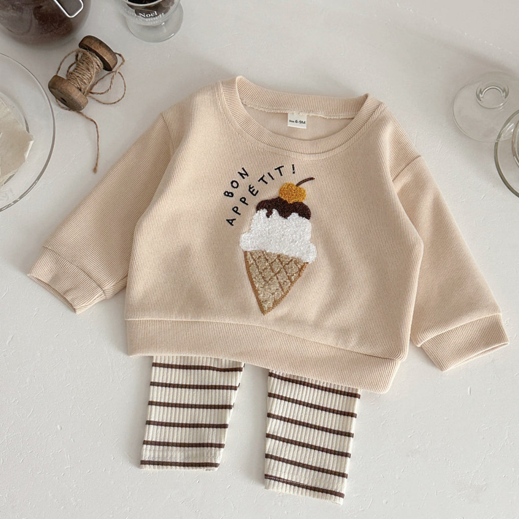 Two piece pink ice cream embroidered hoodie+striped pit pants casual set