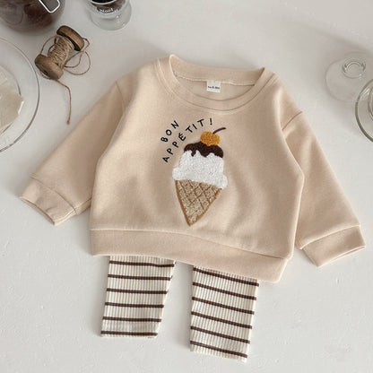 Two piece pink ice cream embroidered hoodie+striped pit pants casual set