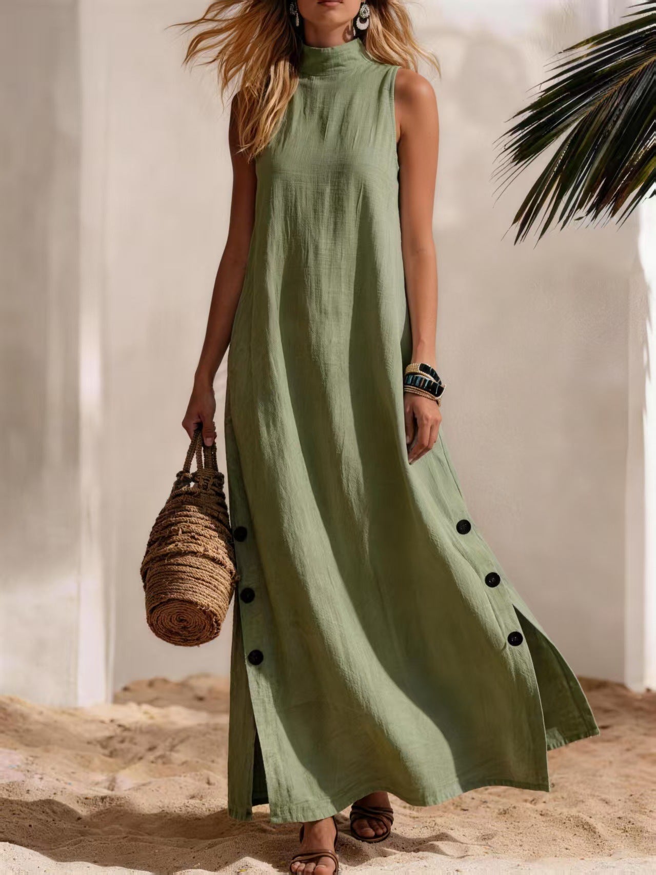 Elegant Zipper Stand Collar Slit Long Dress with Slim Fit