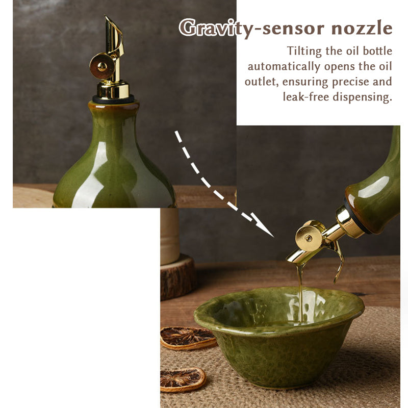 Bouteille d'Huile d'Olive en Céramique Verte Rétro Européenne avec Bec Verseur en Acier Inoxydable – Rangement de Cuisine Vintage et Distributeur d'Assaisonnement