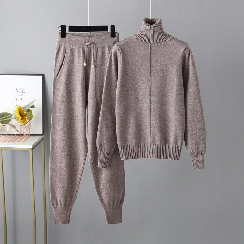 Casual Fashion Set European and American High Collar Solid Color Sweater Knitted Two Piece Set