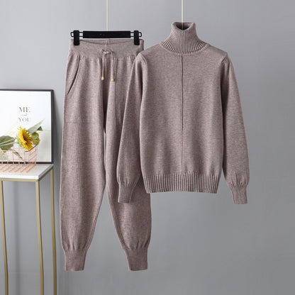 Casual Fashion Set European and American High Collar Solid Color Sweater Knitted Two Piece Set