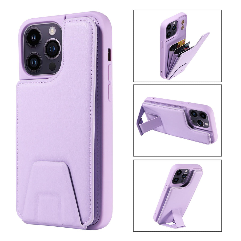 Convient pour la coque de téléphone Apple 15, étui de téléphone 13promax avec support, coque adhésive en cuir antichute 12 avec insertion de cartes en accordéon