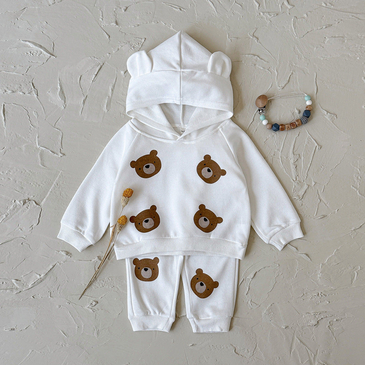 Bear print long sleeved hooded sweatshirt+long pants two-piece set