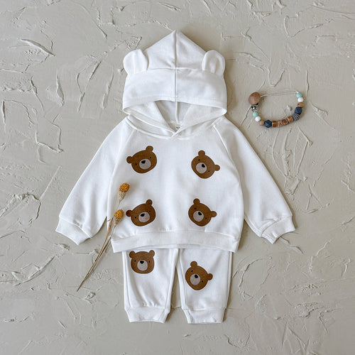 Bear print long sleeved hooded sweatshirt+long pants two-piece set