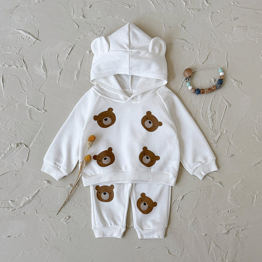 Bear print long sleeved hooded sweatshirt+long pants two-piece set