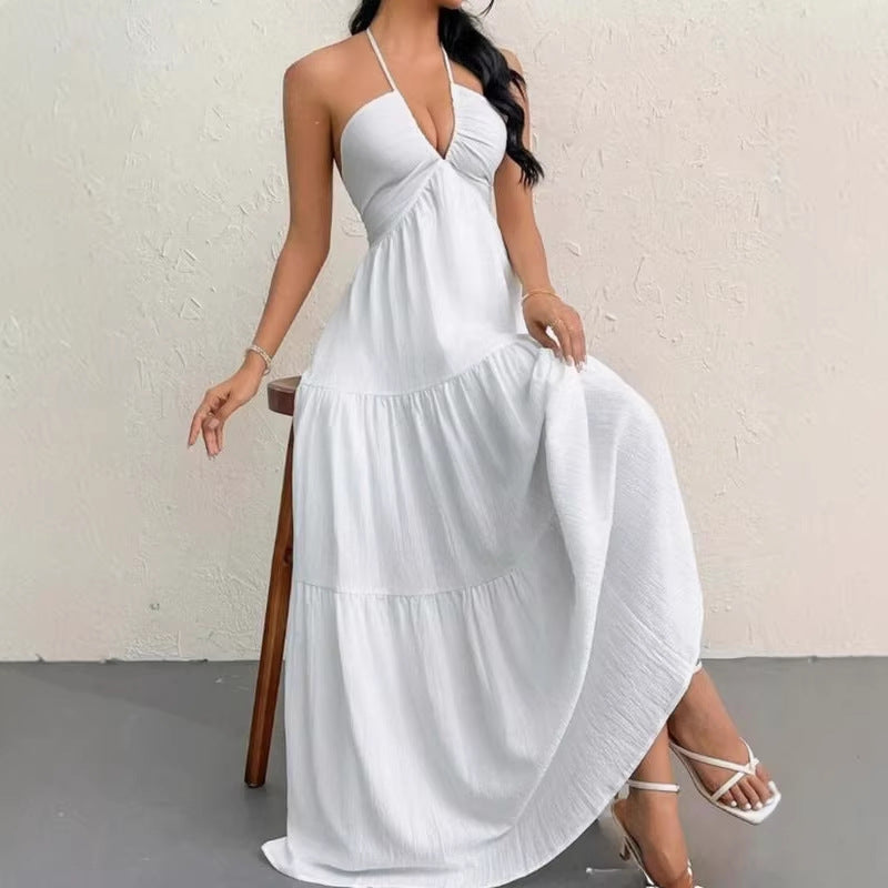 Nouvelle Robe d'Été Style Européen et Américain, Couleur Unie, Sans Bretelles, Dos Nu, Nouée, de Plage, Décontractée, à Col Halter