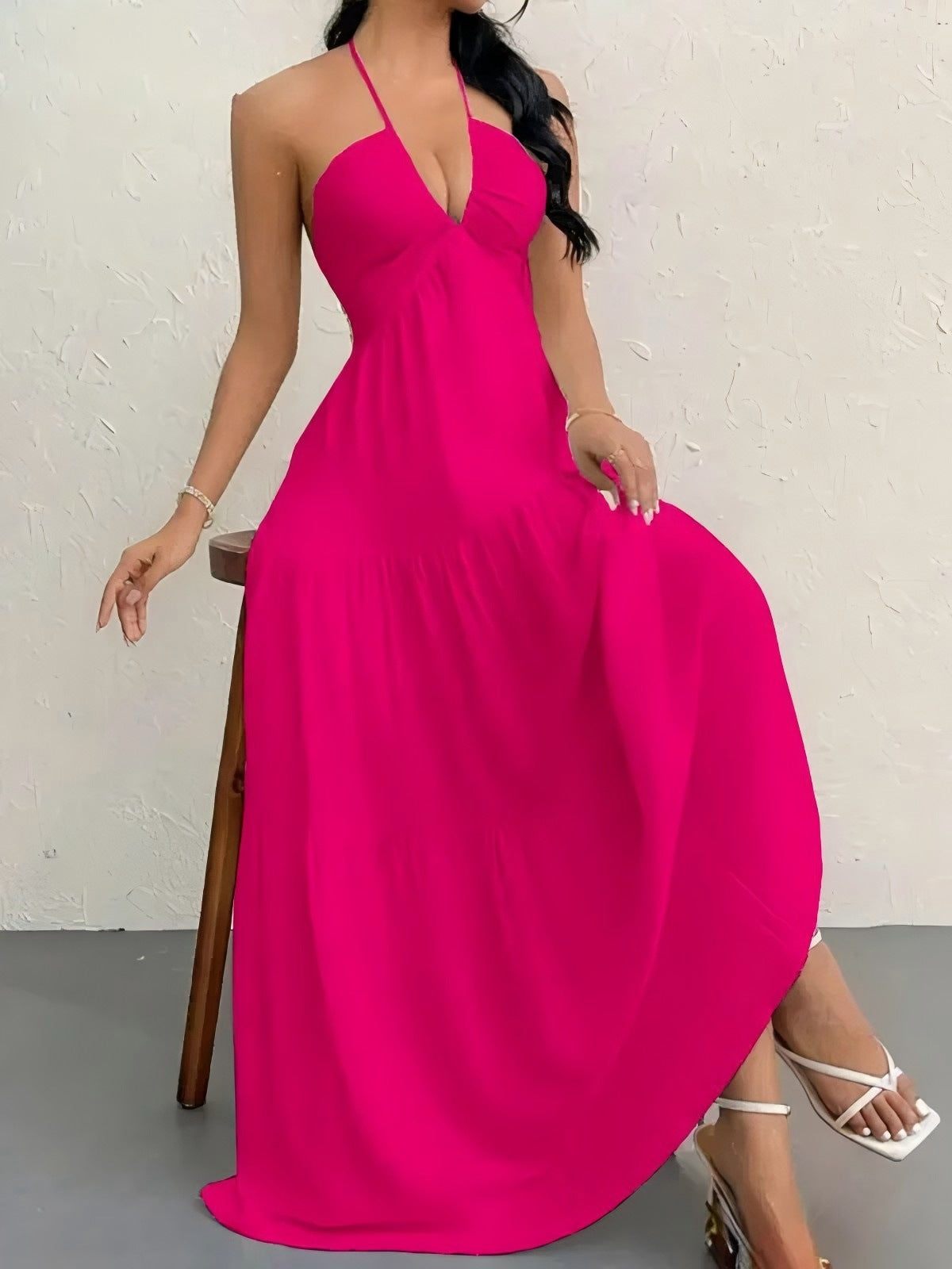 Nouvelle Robe d'Été Style Européen et Américain, Couleur Unie, Sans Bretelles, Dos Nu, Nouée, de Plage, Décontractée, à Col Halter
