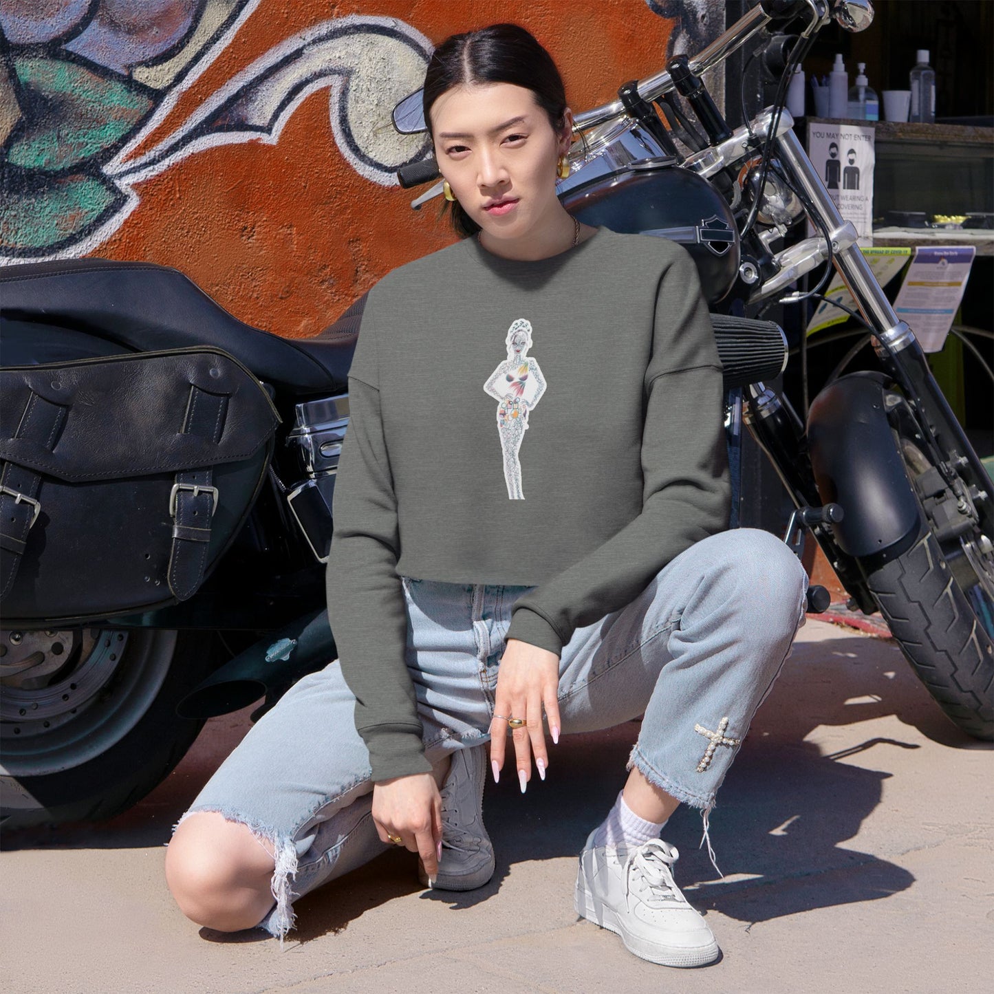 Cropped Sweatshirt — 'New Day' Heart Graphic with Retro Femme Illustration