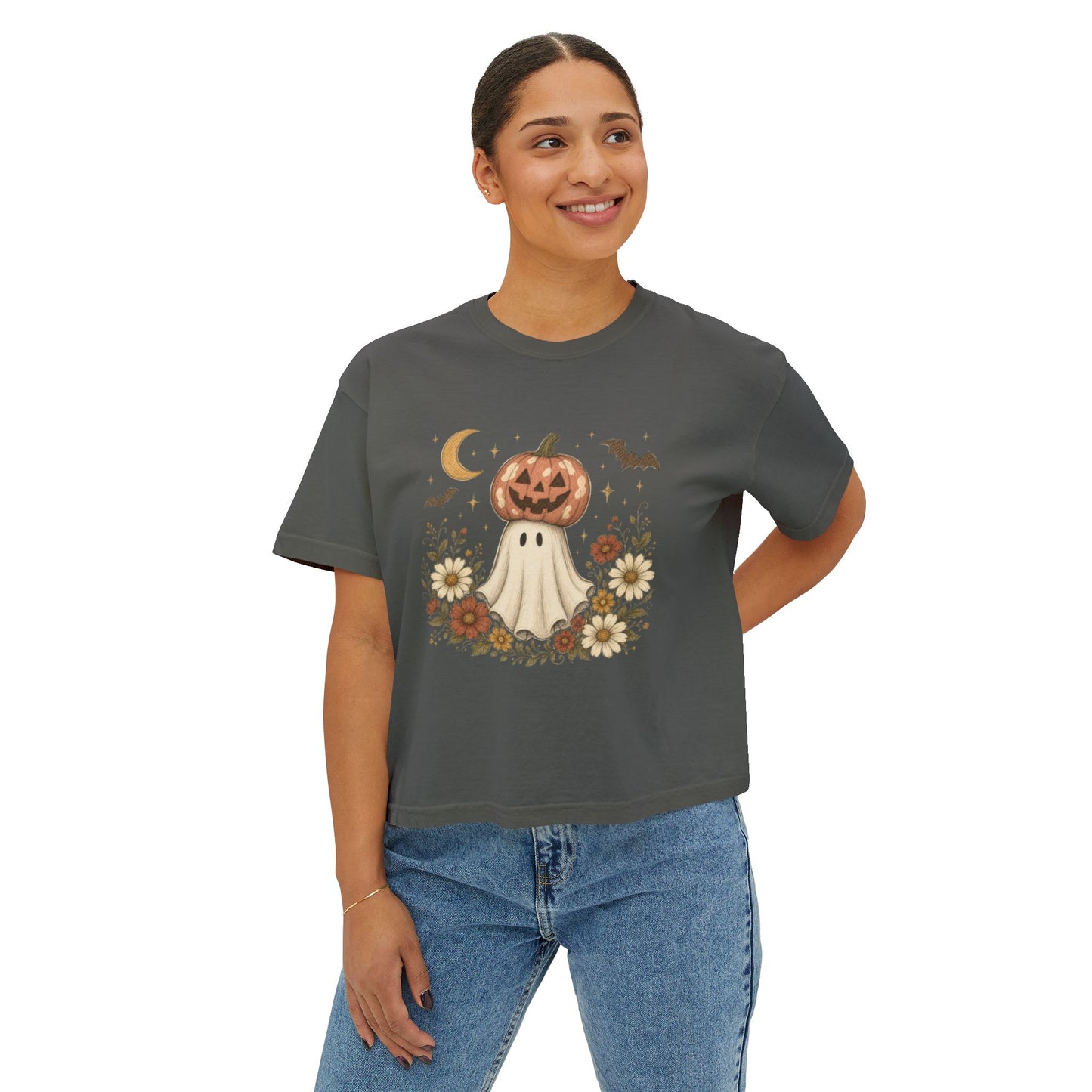 Halloween Pumpkin Ghost Floral Boxy Tee