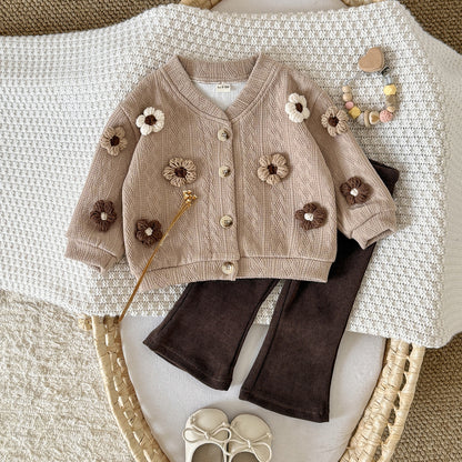 3D flower knitted cardigan set sweater+micro flared pants