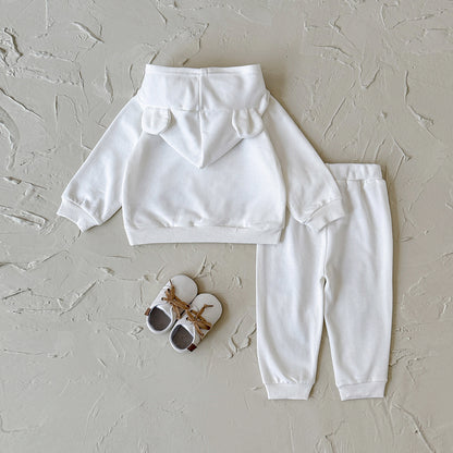 Bear print long sleeved hooded sweatshirt+long pants two-piece set