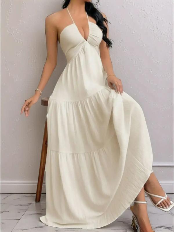 Nouvelle Robe d'Été Style Européen et Américain, Couleur Unie, Sans Bretelles, Dos Nu, Nouée, de Plage, Décontractée, à Col Halter