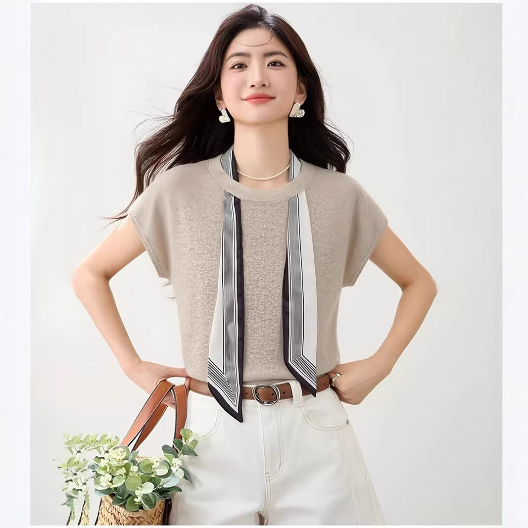 Scarf Tie Round Neck Straight Shoulder Ice Silk Knit Short Sleeve T-Shirt for Women Summer Design Sense Unique Fitted Top