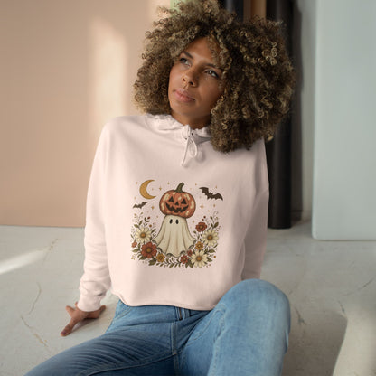Autumn Pumpkin Ghost Crop Hoodie — Cute Halloween Crop Top Hoodie
