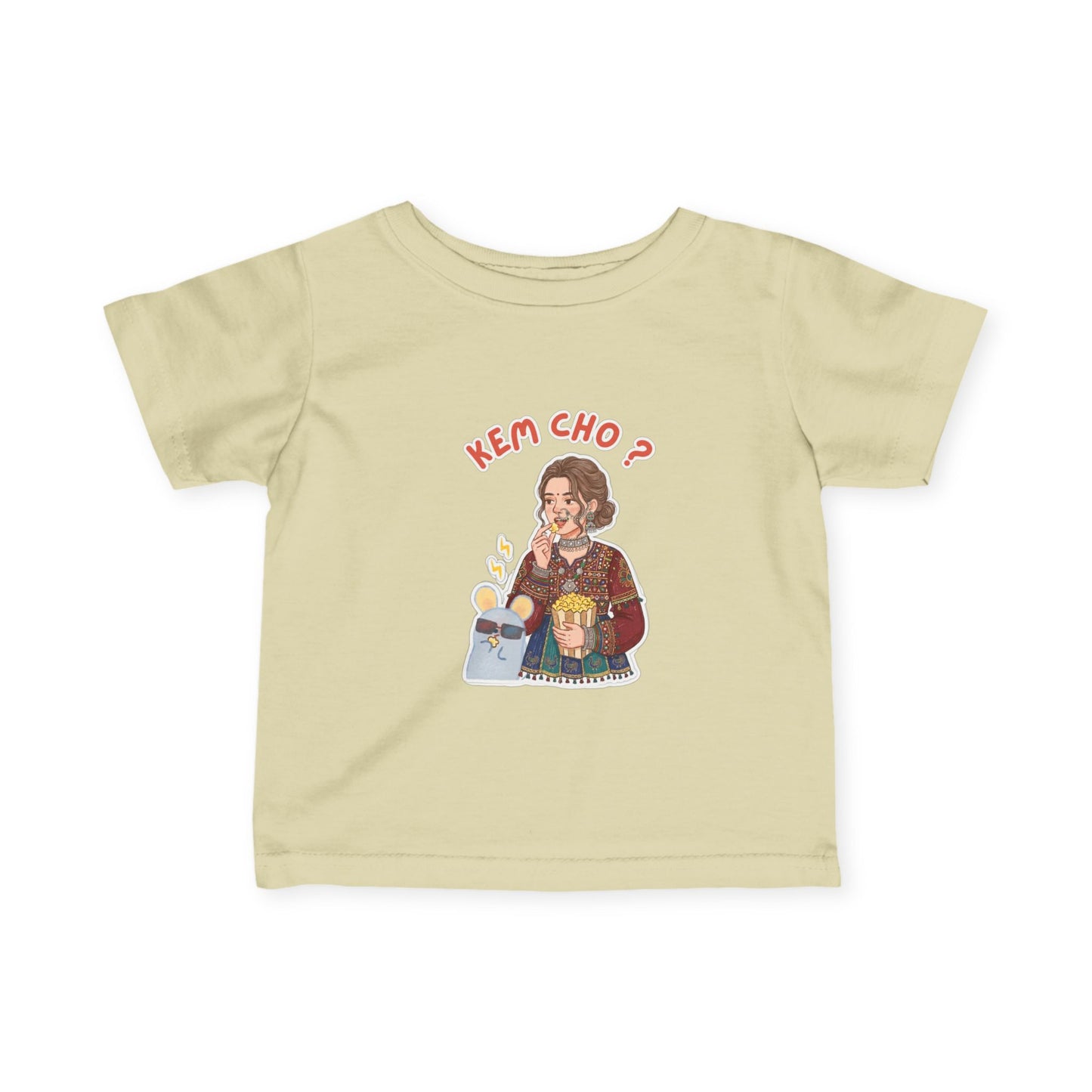 Infant Tee — "Kem Cho?" Gujarati Baby Shirt with Cute Mom & Kid Illustration