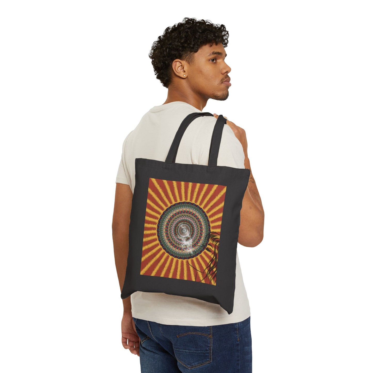 Vintage Sunburst Spiral Tote Bag – Retro Boho Cotton Canvas Market Bag