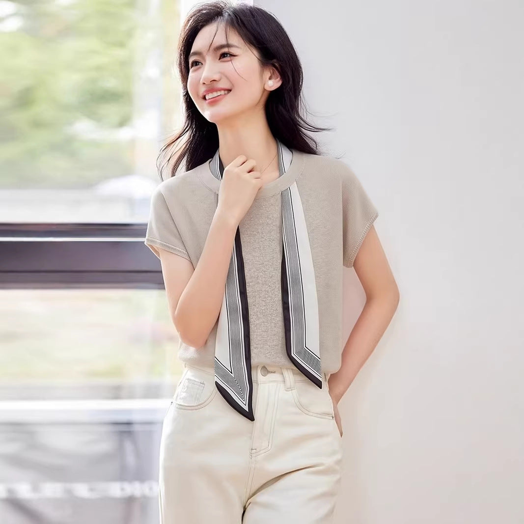 Scarf Tie Round Neck Straight Shoulder Ice Silk Knit Short Sleeve T-Shirt for Women Summer Design Sense Unique Fitted Top