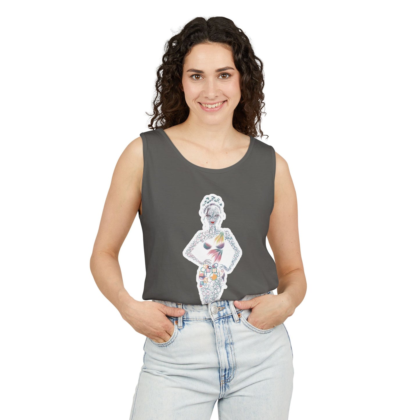 Tank Top — Floral Fashion Figure Front & "It's a New Day" Heart Back Graphic