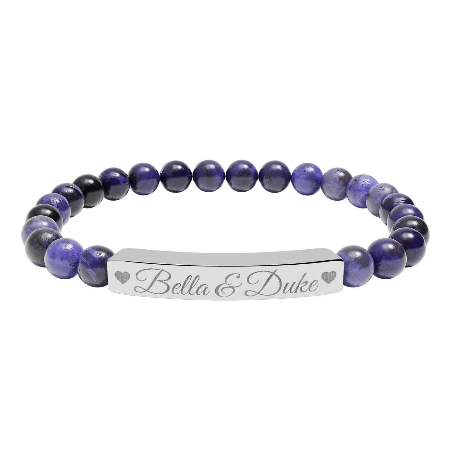 Engravable Natural Stone Bar Bracelet — Personalized Stretch Beaded Bracelet (e.g., "Bella & Duke")