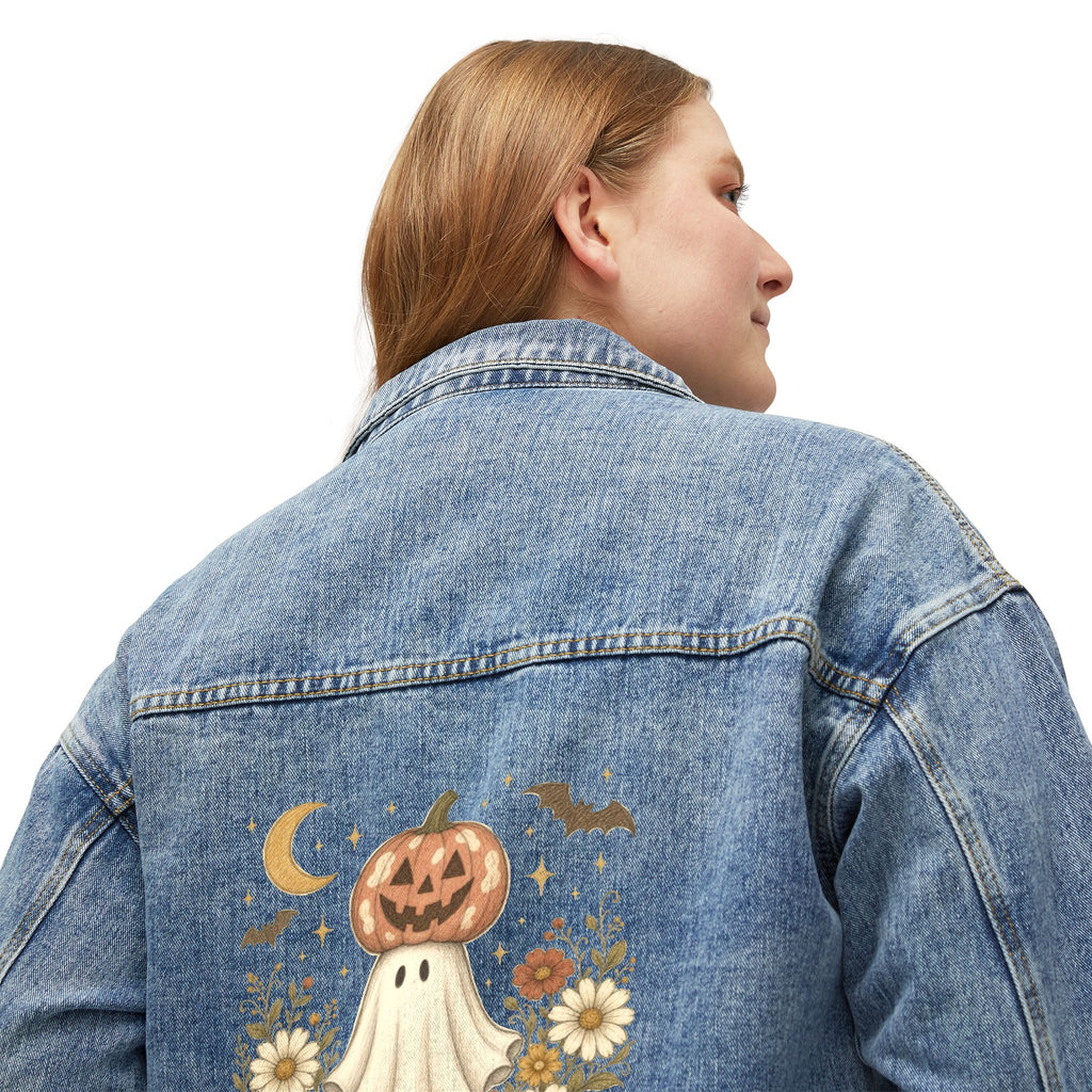 Women's Denim Jacket with Pumpkin Ghost Backprint — Cute Fall Halloween Jacket