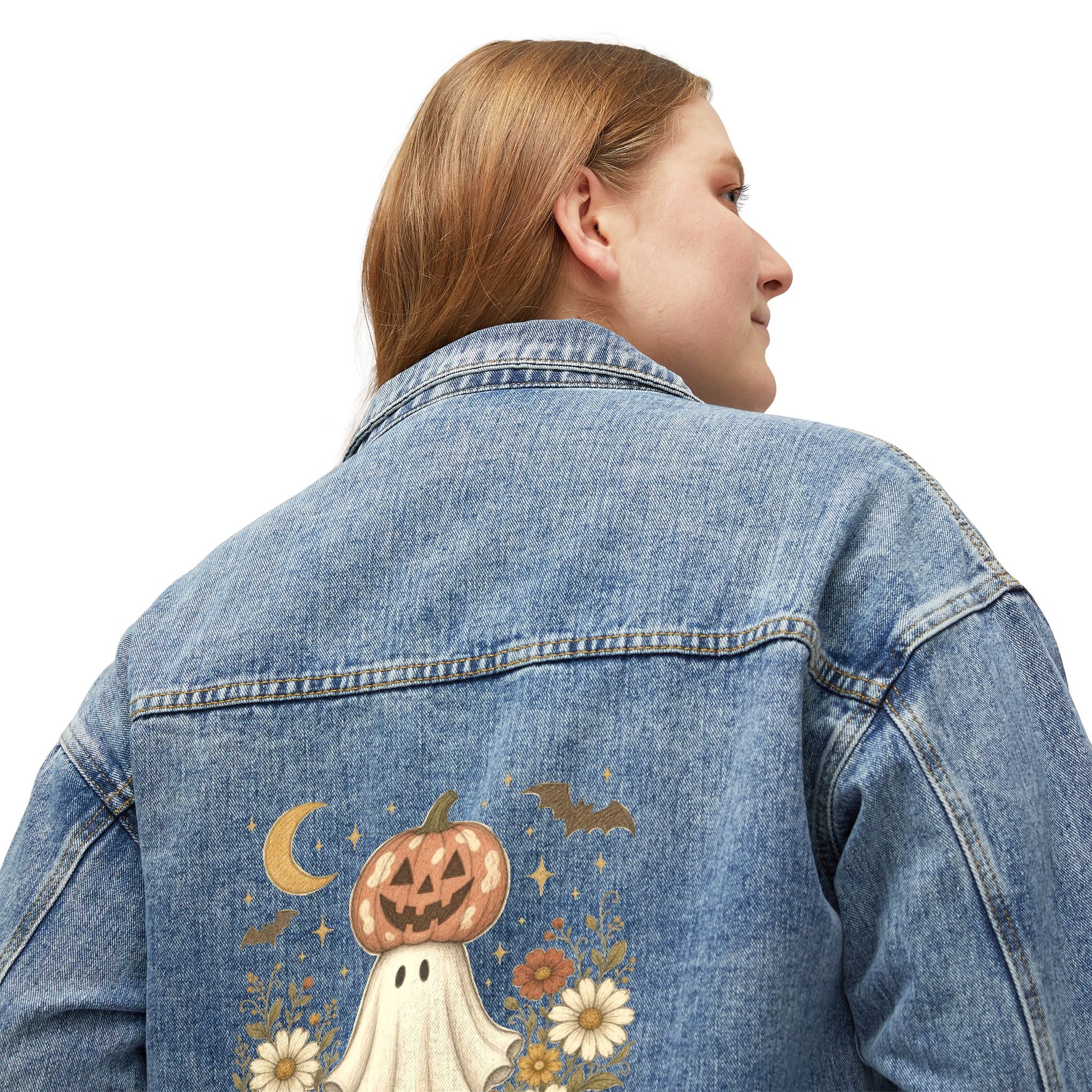 Women's Denim Jacket with Pumpkin Ghost Backprint — Cute Fall Halloween Jacket