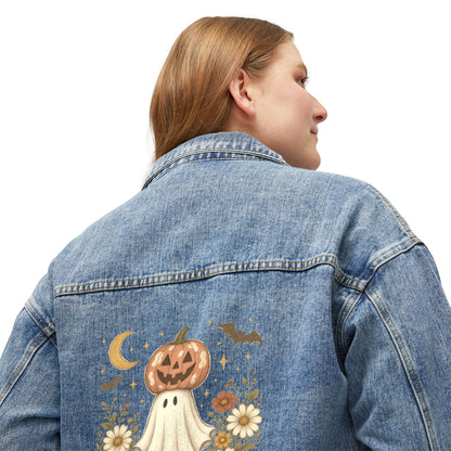 Women's Denim Jacket with Pumpkin Ghost Backprint — Cute Fall Halloween Jacket