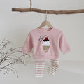 Two piece pink ice cream embroidered hoodie+striped pit pants casual set