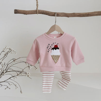 Two piece pink ice cream embroidered hoodie+striped pit pants casual set