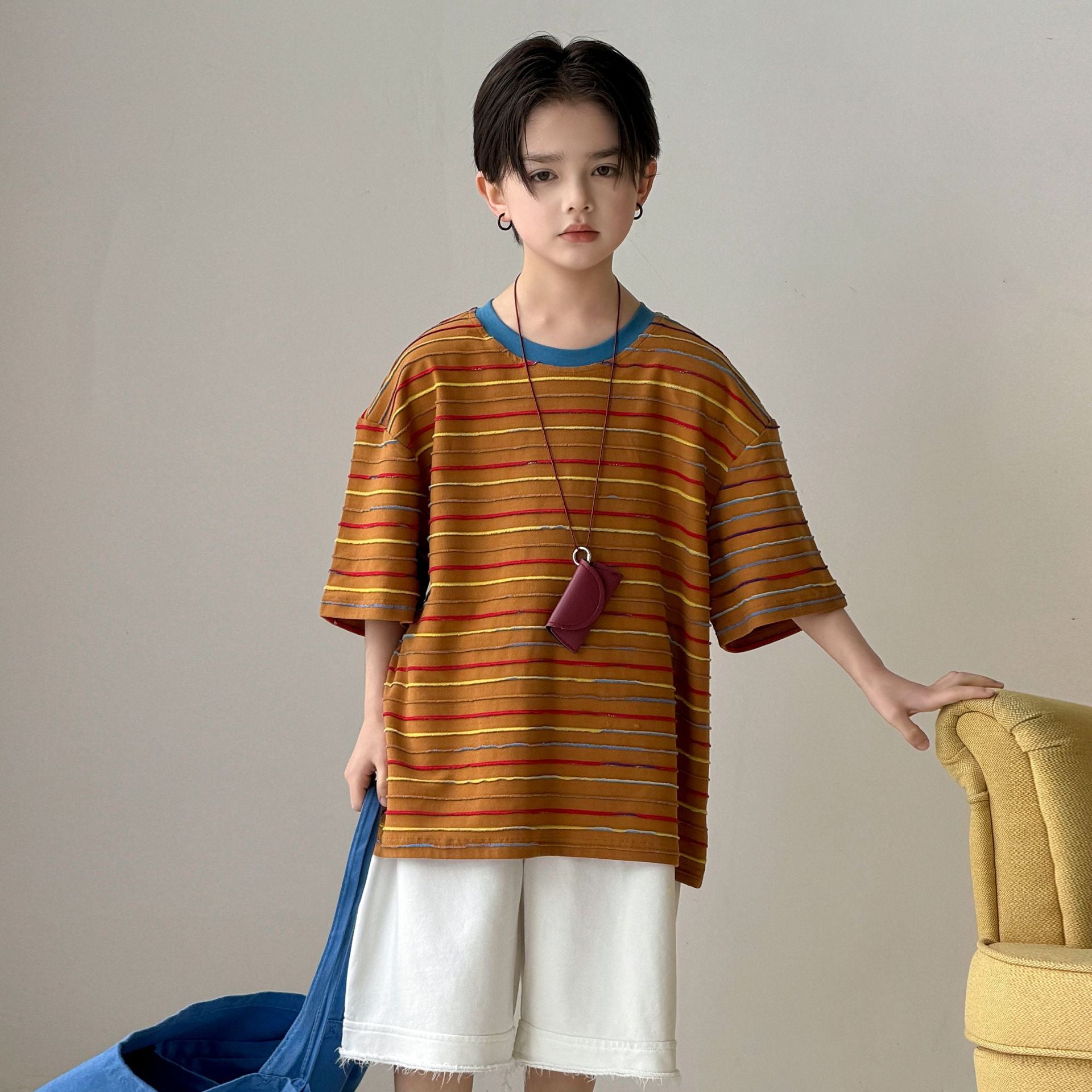 Boys' summer jacquard striped round neck short sleeved shirt