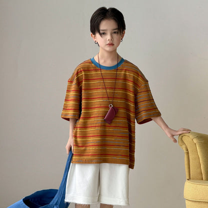 Boys' summer jacquard striped round neck short sleeved shirt