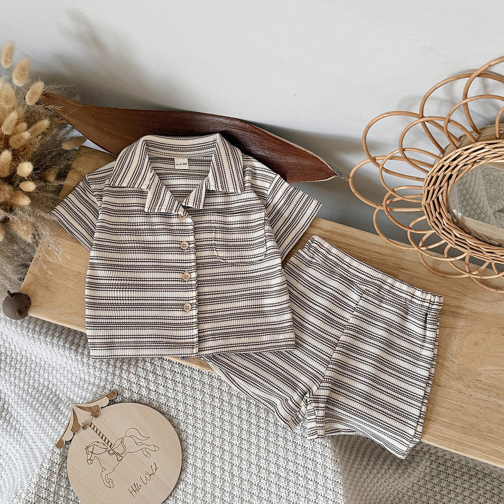 Solid color narrow stripe button set two-piece set