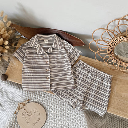 Solid color narrow stripe button set two-piece set