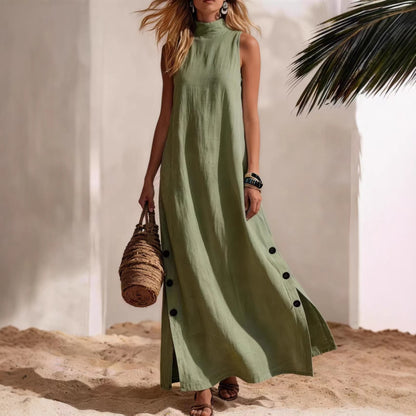 Elegant Zipper Stand Collar Slit Long Dress with Slim Fit