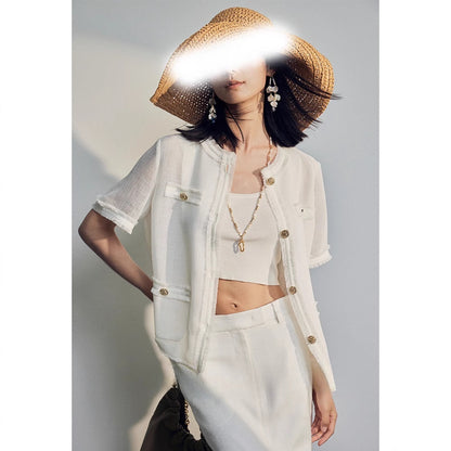 Summer Lightweight Open Front Blouse, Cotton-Polyamide Blend Cool-Feeled Short Sleeve Top with Hem Fringe, Chanel-Style Round Neck