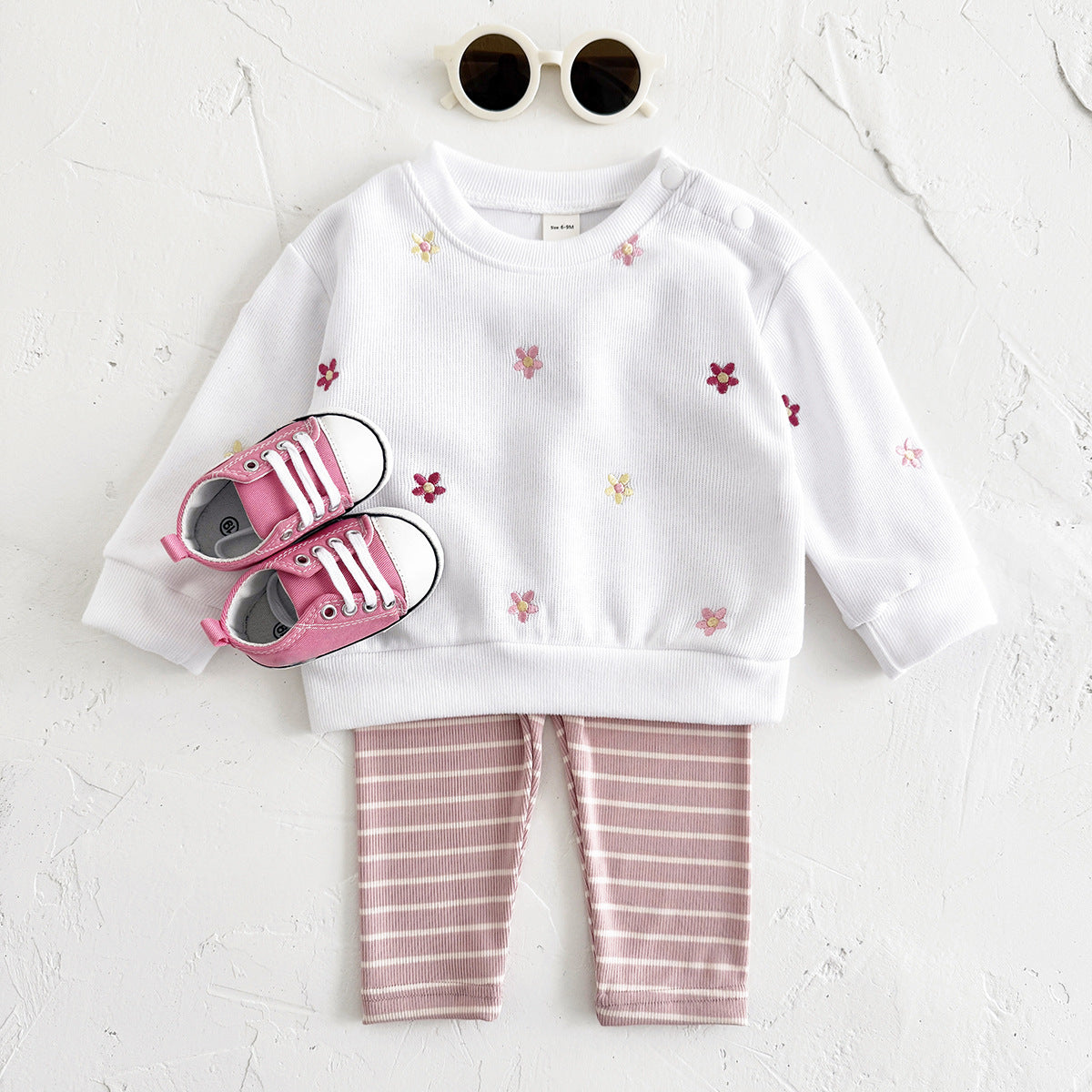 Floral embroidery pullover hoodie long sleeved long pants two-piece set