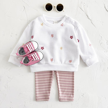 Floral embroidery pullover hoodie long sleeved long pants two-piece set