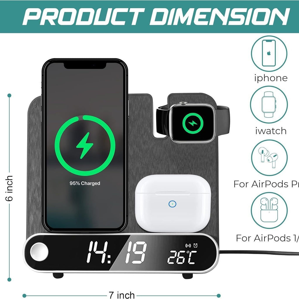 Horloge multifonctionnelle, chargement sans fil pour montre, chargement sans fil pour écouteurs, thermomètre à chargement sans fil, chargement sans fil 15W