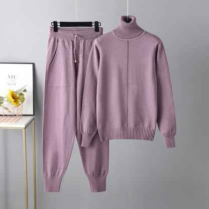 Casual Fashion Set European and American High Collar Solid Color Sweater Knitted Two Piece Set