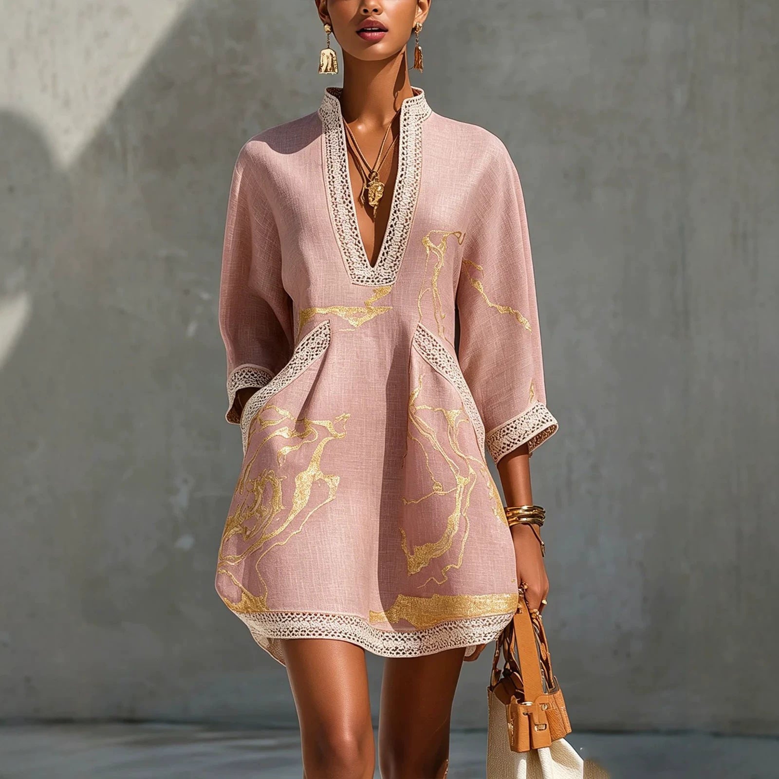 Printed lace trimmed seven quarter sleeved cotton linen short dress
