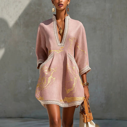 Printed lace trimmed seven quarter sleeved cotton linen short dress