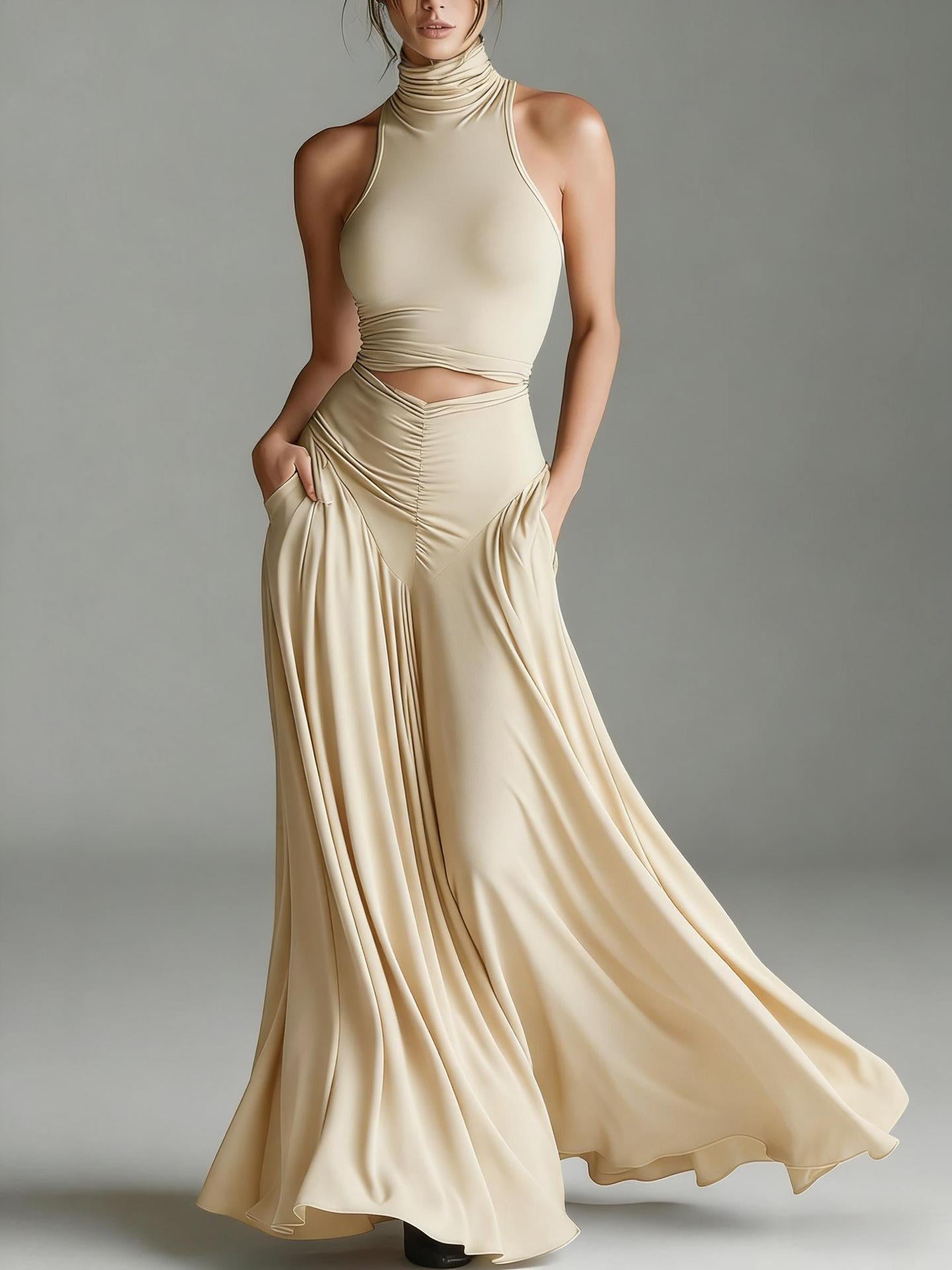 Ensemble deux pièces style top sans manches col montant et élégante robe longue