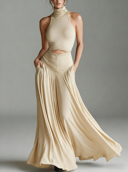 Style Sleeveless High Neck Top with Elegant Long Dress Two-Piece Set