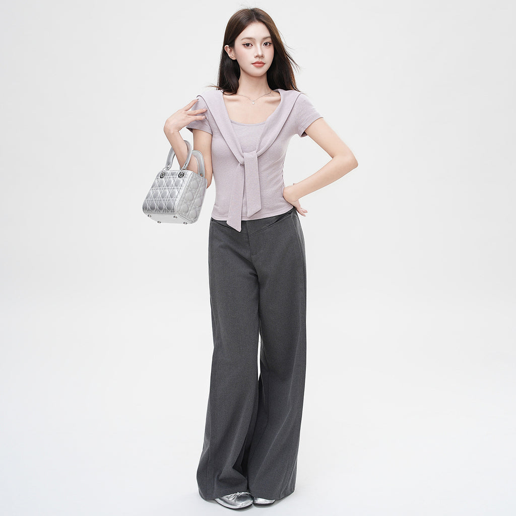 False Two-Piece Design Shoulder Cape V-Neck Short Sleeve T-Shirt Women's Unique Fitted Crop Top