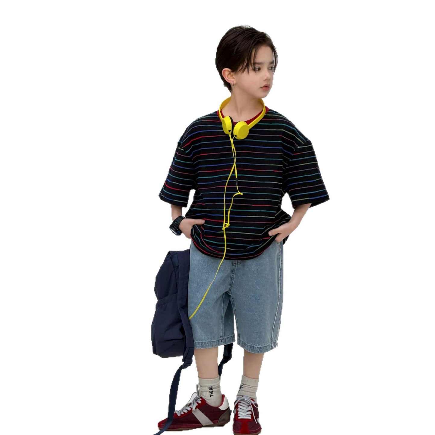 Boys' summer jacquard striped round neck short sleeved shirt